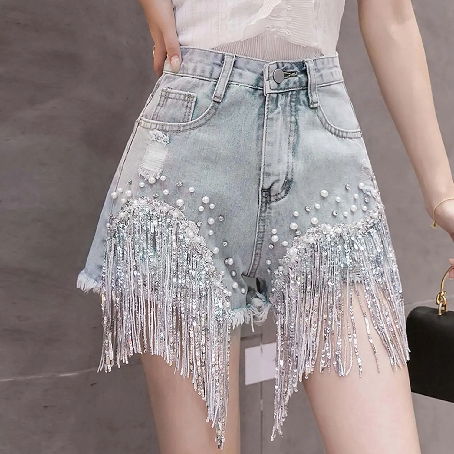 Jean Shorts Womens High Waisted Ripped Rhinestone Pearl Beaded Fringe Comfort Tassel Denim Shorts Raw Hem Frayed