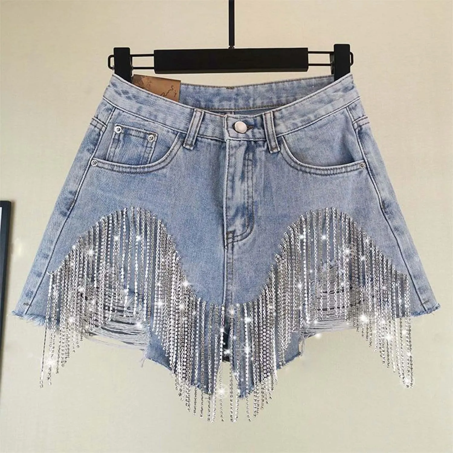 Jean Shorts Womens High Waisted Ripped Rhinestone Pearl Beaded Fringe Comfort Tassel Denim Shorts Raw Hem Frayed