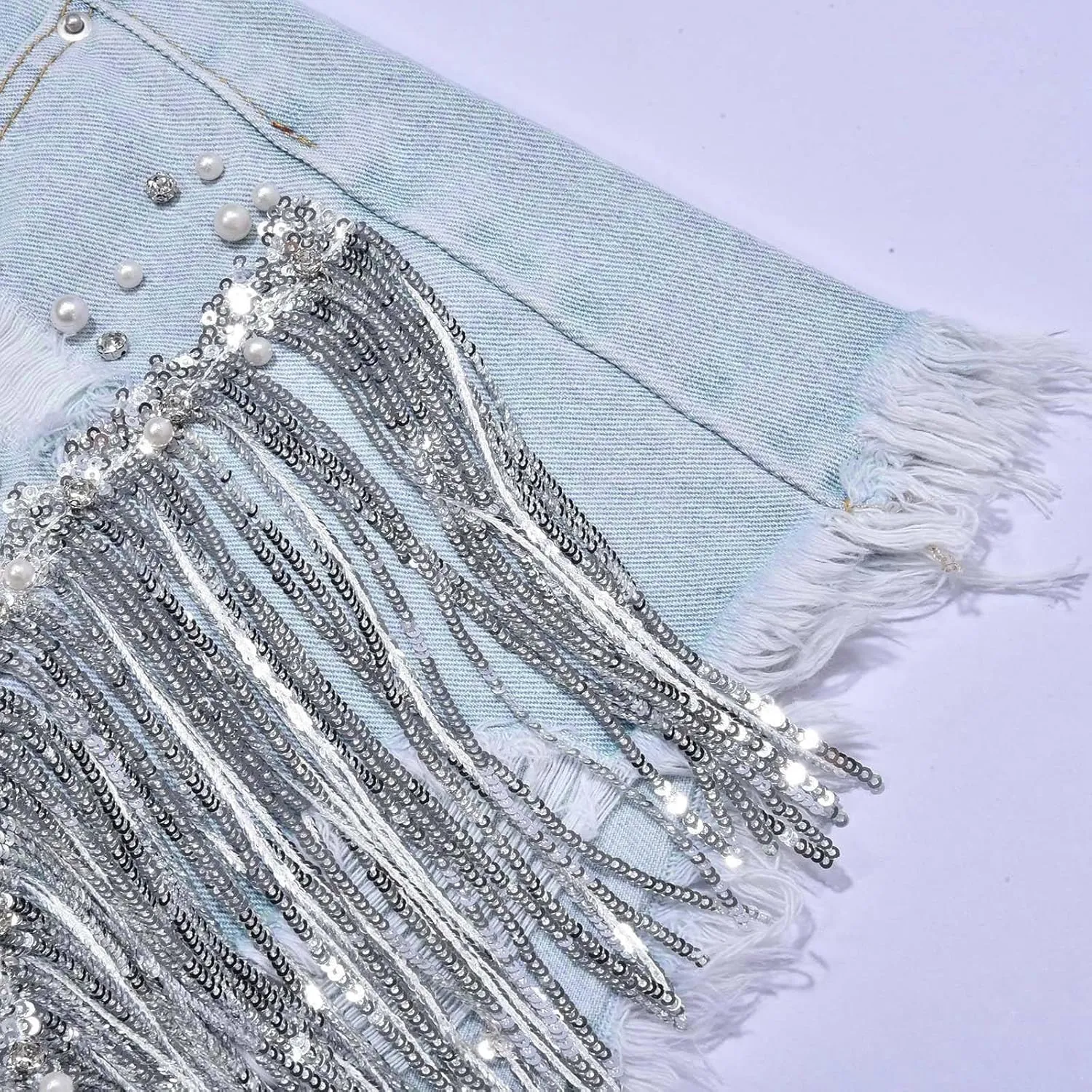 Jean Shorts Womens High Waisted Ripped Rhinestone Pearl Beaded Fringe Comfort Tassel Denim Shorts Raw Hem Frayed