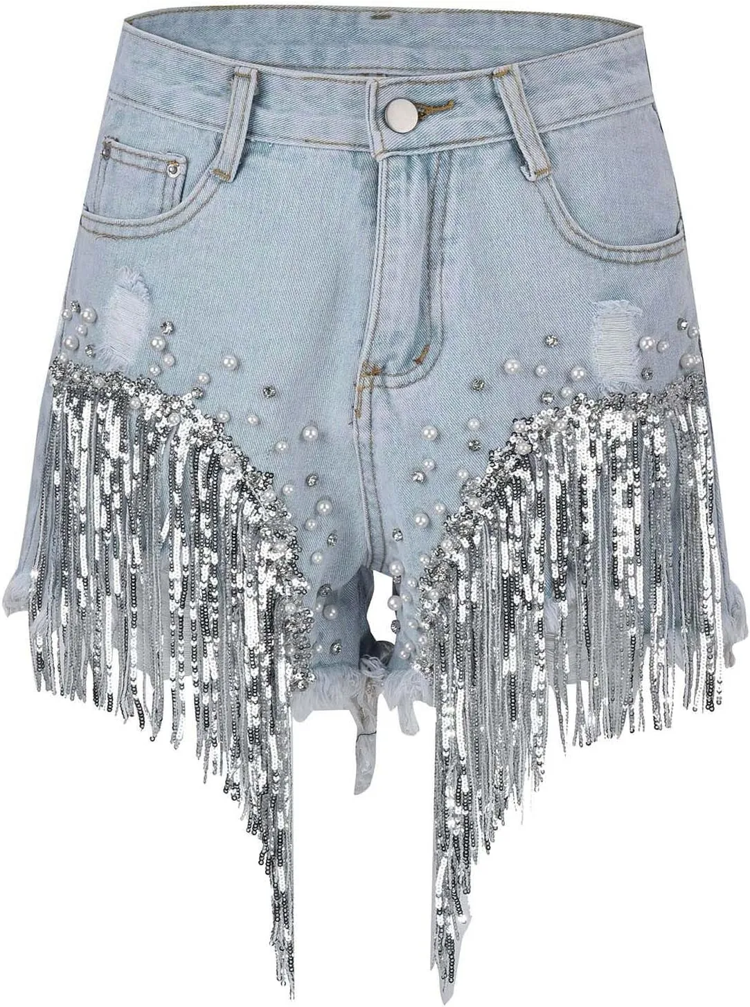 Jean Shorts Womens High Waisted Ripped Rhinestone Pearl Beaded Fringe Comfort Tassel Denim Shorts Raw Hem Frayed