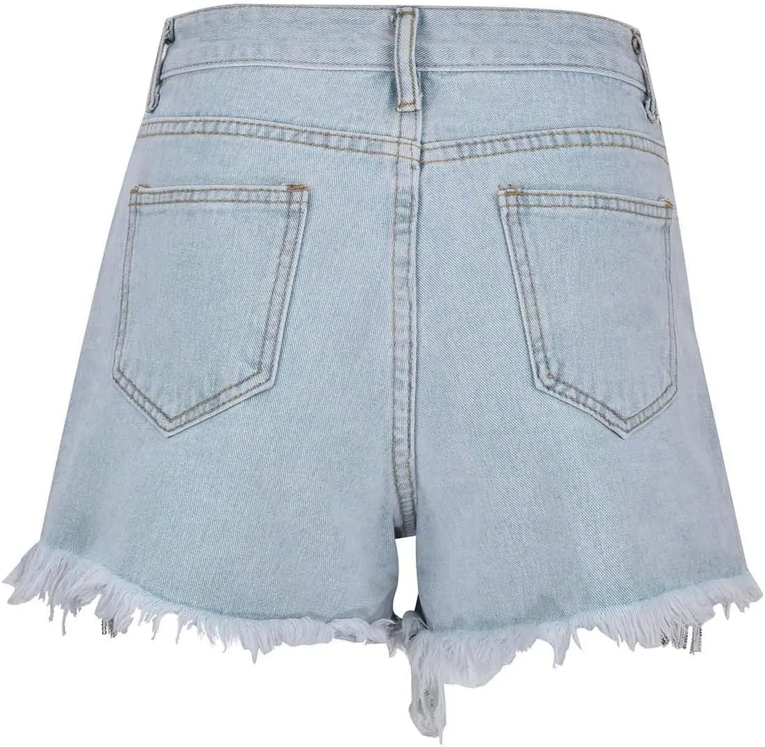 Jean Shorts Womens High Waisted Ripped Rhinestone Pearl Beaded Fringe Comfort Tassel Denim Shorts Raw Hem Frayed