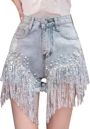 Jean Shorts Womens High Waisted Ripped Rhinestone Pearl Beaded Fringe Comfort Tassel Denim Shorts Raw Hem Frayed