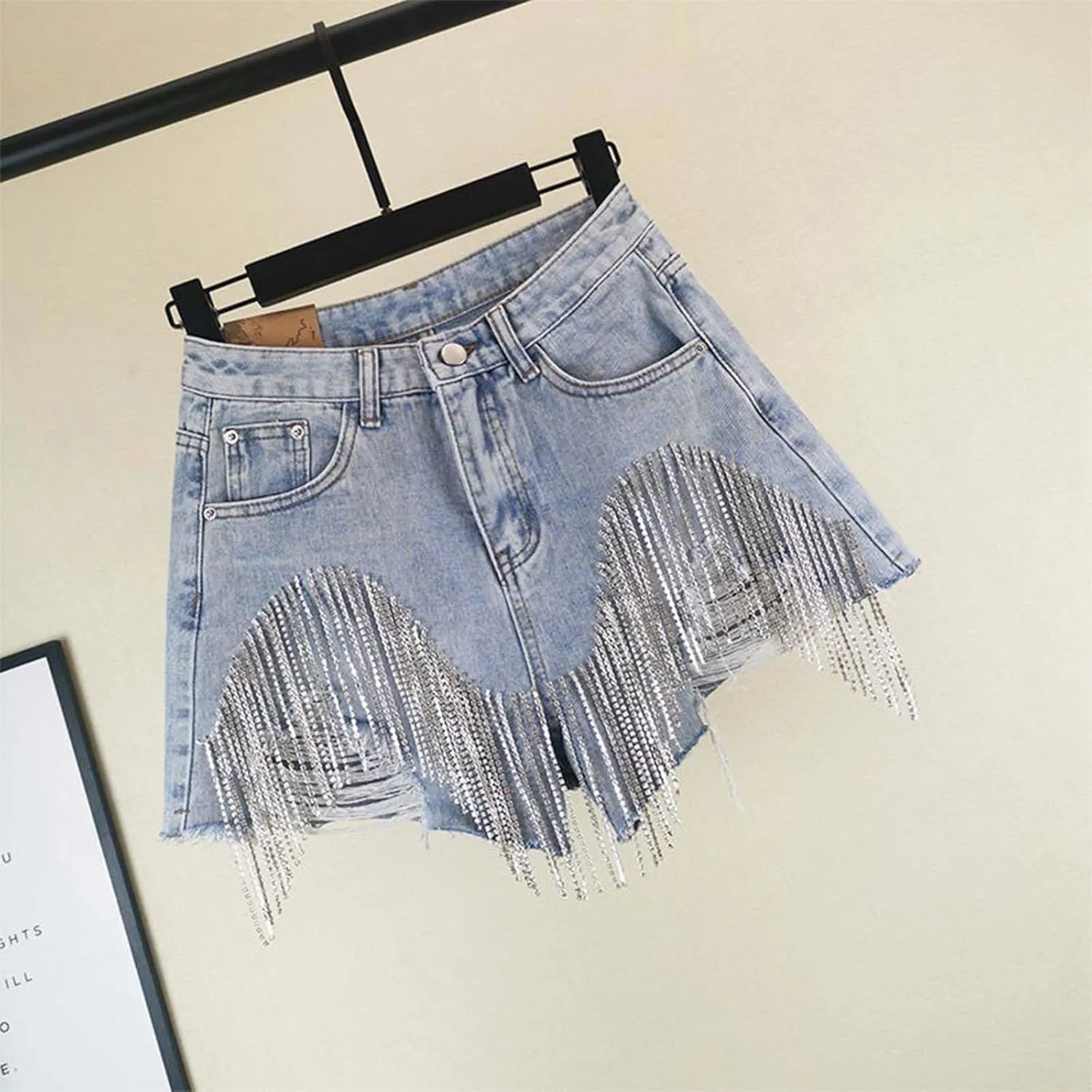 Jean Shorts Womens High Waisted Ripped Rhinestone Pearl Beaded Fringe Comfort Tassel Denim Shorts Raw Hem Frayed