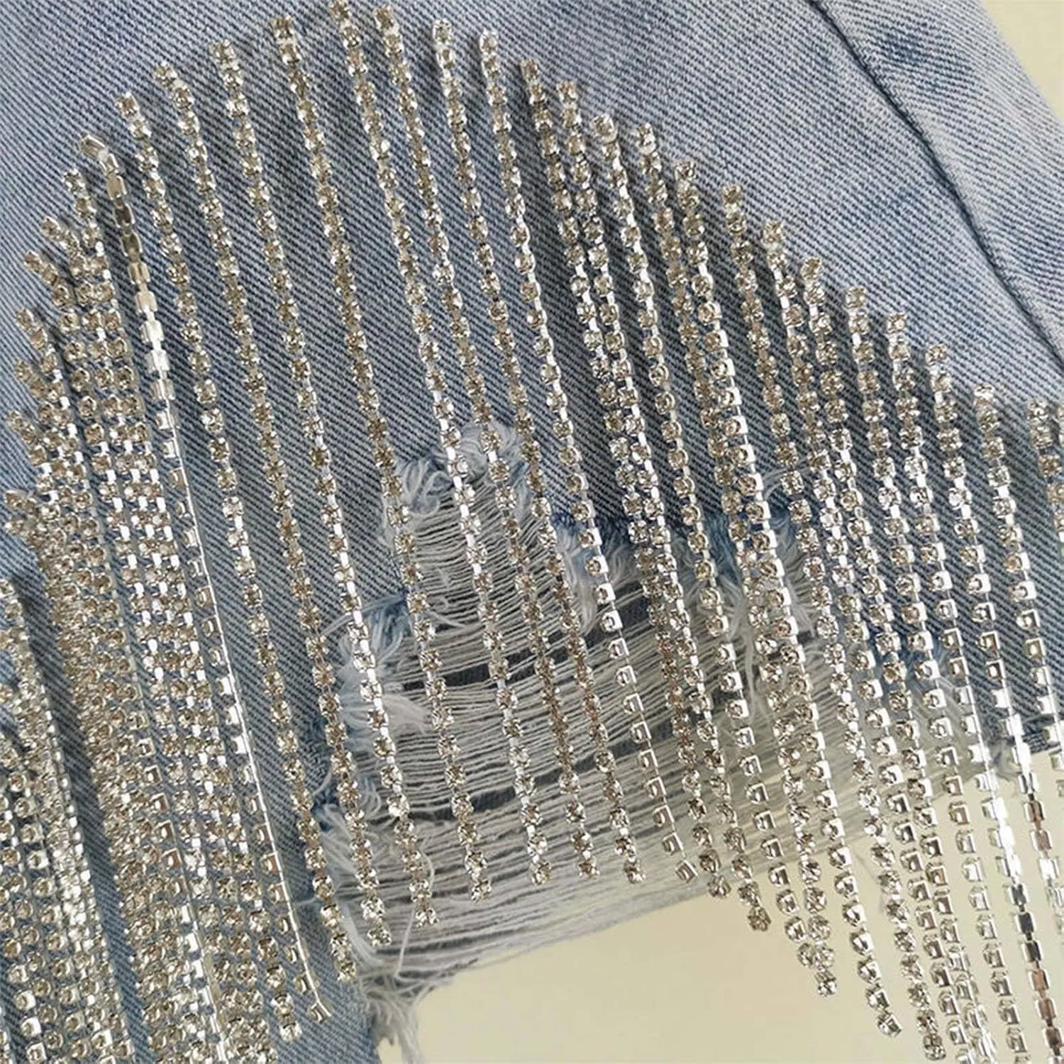Jean Shorts Womens High Waisted Ripped Rhinestone Pearl Beaded Fringe Comfort Tassel Denim Shorts Raw Hem Frayed