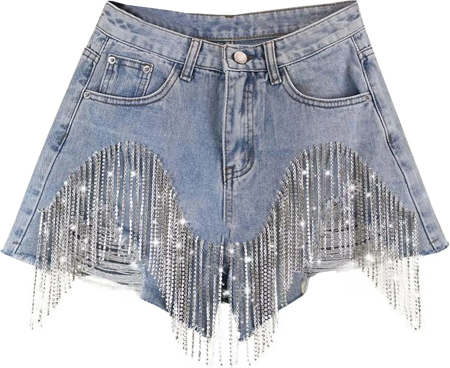 Jean Shorts Womens High Waisted Ripped Rhinestone Pearl Beaded Fringe Comfort Tassel Denim Shorts Raw Hem Frayed