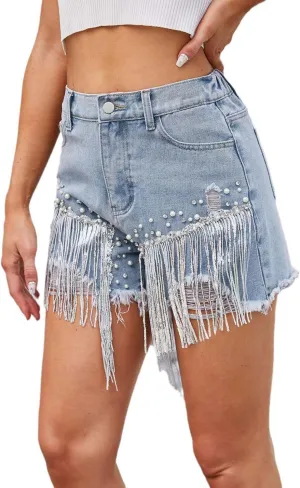 Jean Shorts Womens High Waisted Ripped Rhinestone Pearl Beaded Fringe Comfort Tassel Denim Shorts Raw Hem Frayed