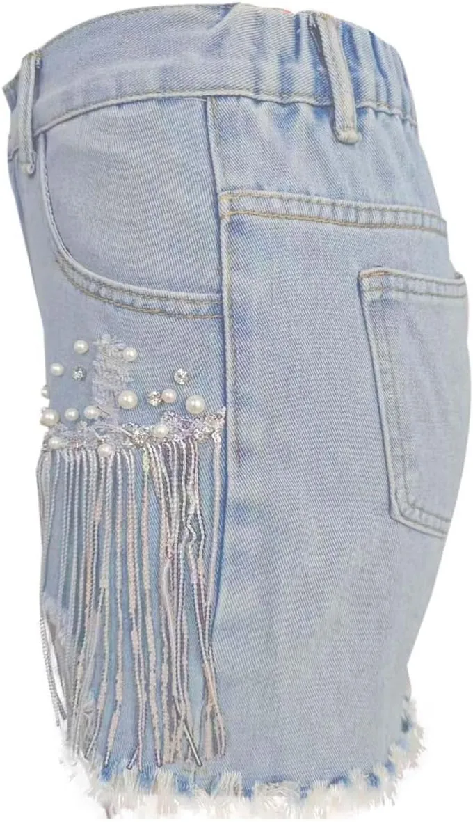 Jean Shorts Womens High Waisted Ripped Rhinestone Pearl Beaded Fringe Comfort Tassel Denim Shorts Raw Hem Frayed