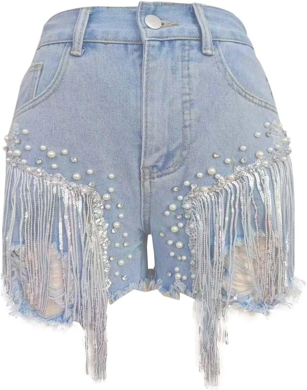 Jean Shorts Womens High Waisted Ripped Rhinestone Pearl Beaded Fringe Comfort Tassel Denim Shorts Raw Hem Frayed