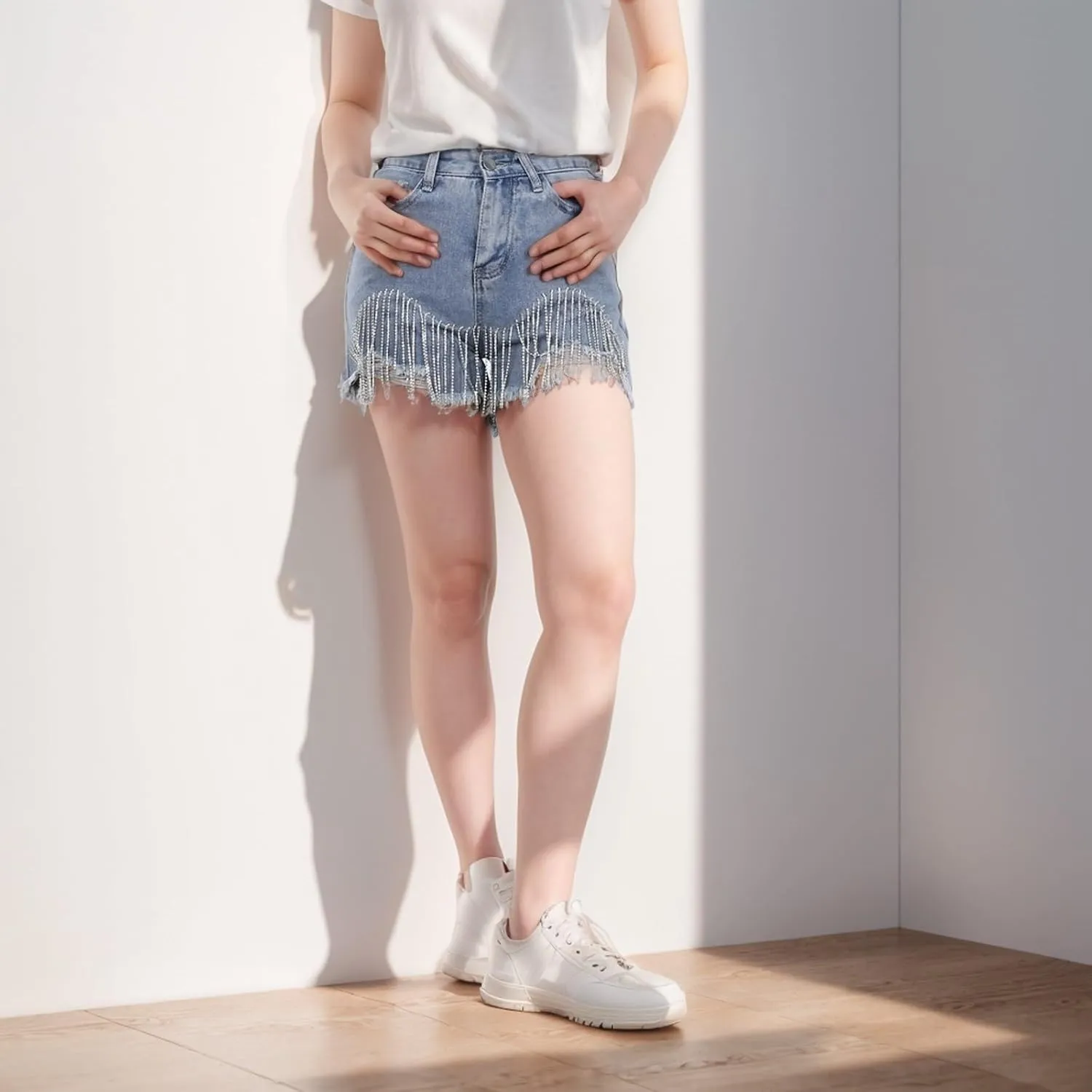 Jean Shorts Womens High Waisted Ripped Rhinestone Pearl Beaded Fringe Tassel Denim Short Raw Hem Frayed Shorts