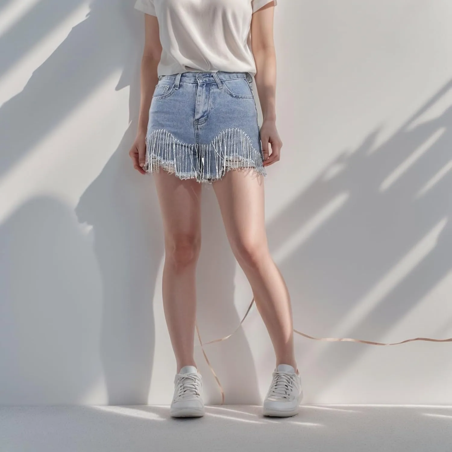 Jean Shorts Womens High Waisted Ripped Rhinestone Pearl Beaded Fringe Tassel Denim Short Raw Hem Frayed Shorts
