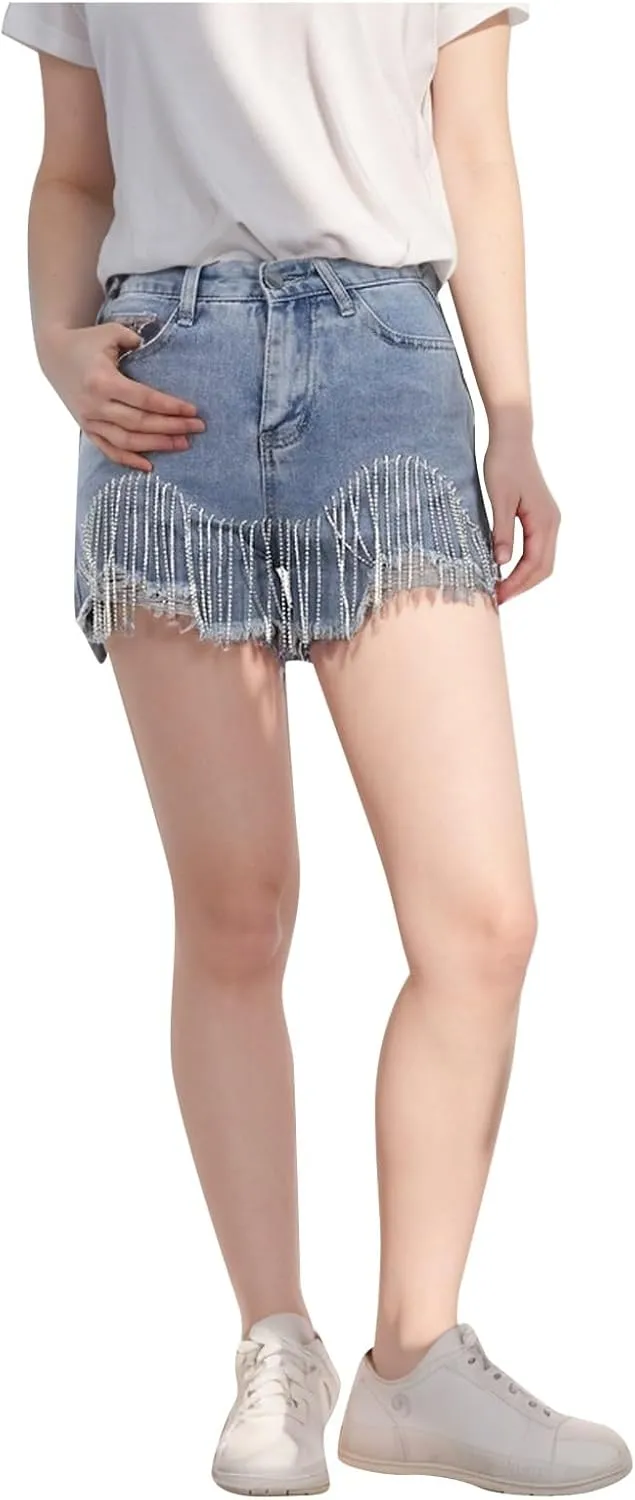 Jean Shorts Womens High Waisted Ripped Rhinestone Pearl Beaded Fringe Tassel Denim Short Raw Hem Frayed Shorts