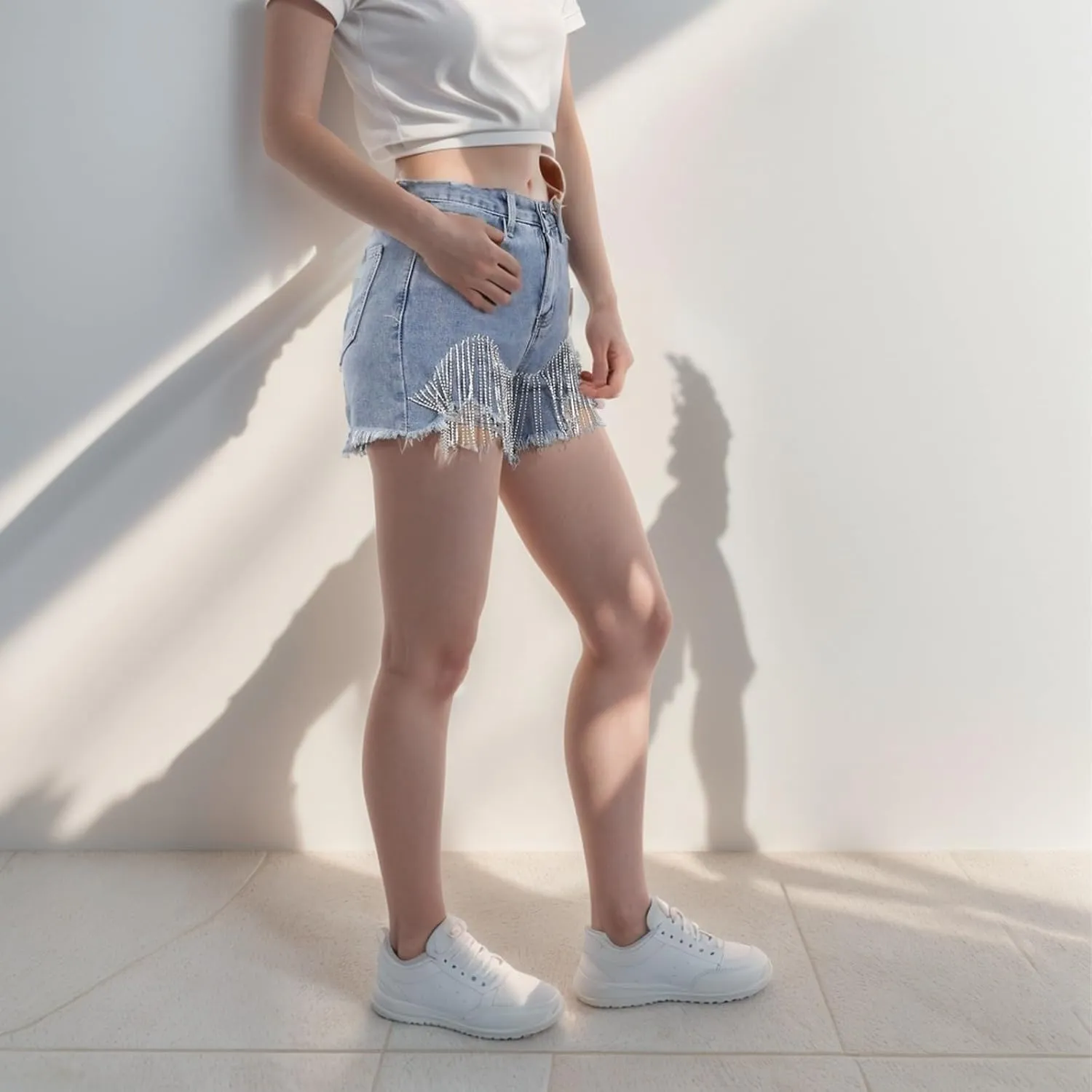 Jean Shorts Womens High Waisted Ripped Rhinestone Pearl Beaded Fringe Tassel Denim Short Raw Hem Frayed Shorts