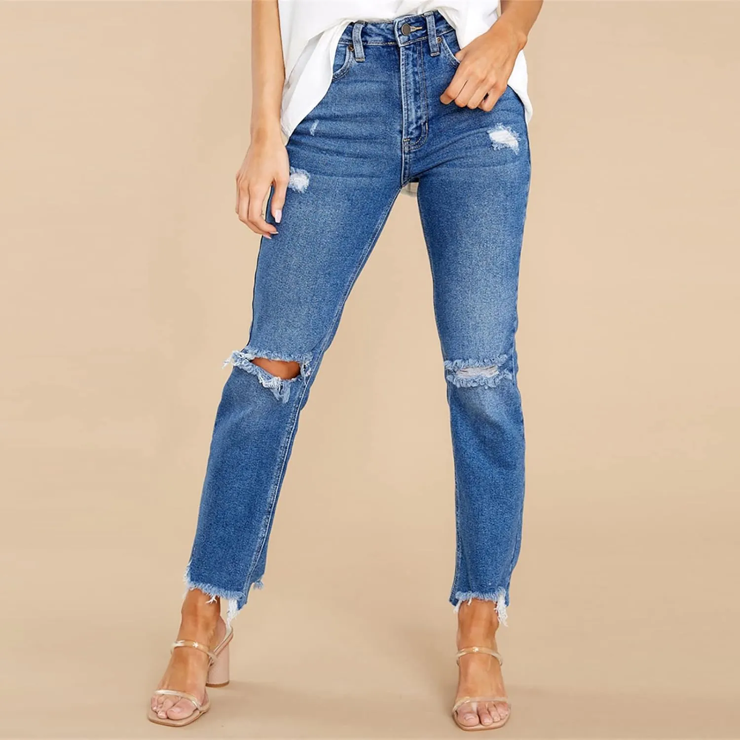 Jeans for Women Retro Low Waist Ripped Ankle Pants Distressed Flap Hem Denim Pants Fashion Stretch Skinny Jeans