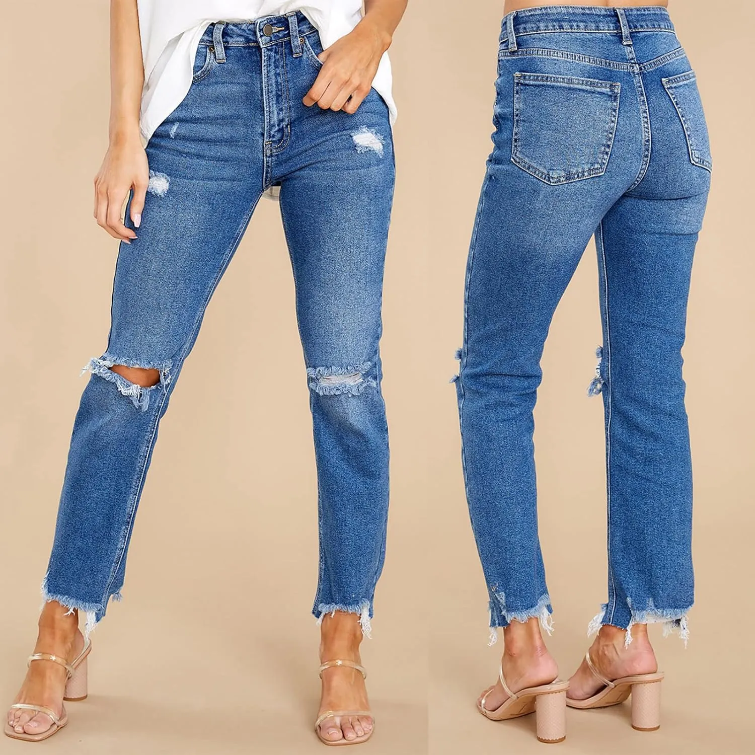 Jeans for Women Retro Low Waist Ripped Ankle Pants Distressed Flap Hem Denim Pants Fashion Stretch Skinny Jeans