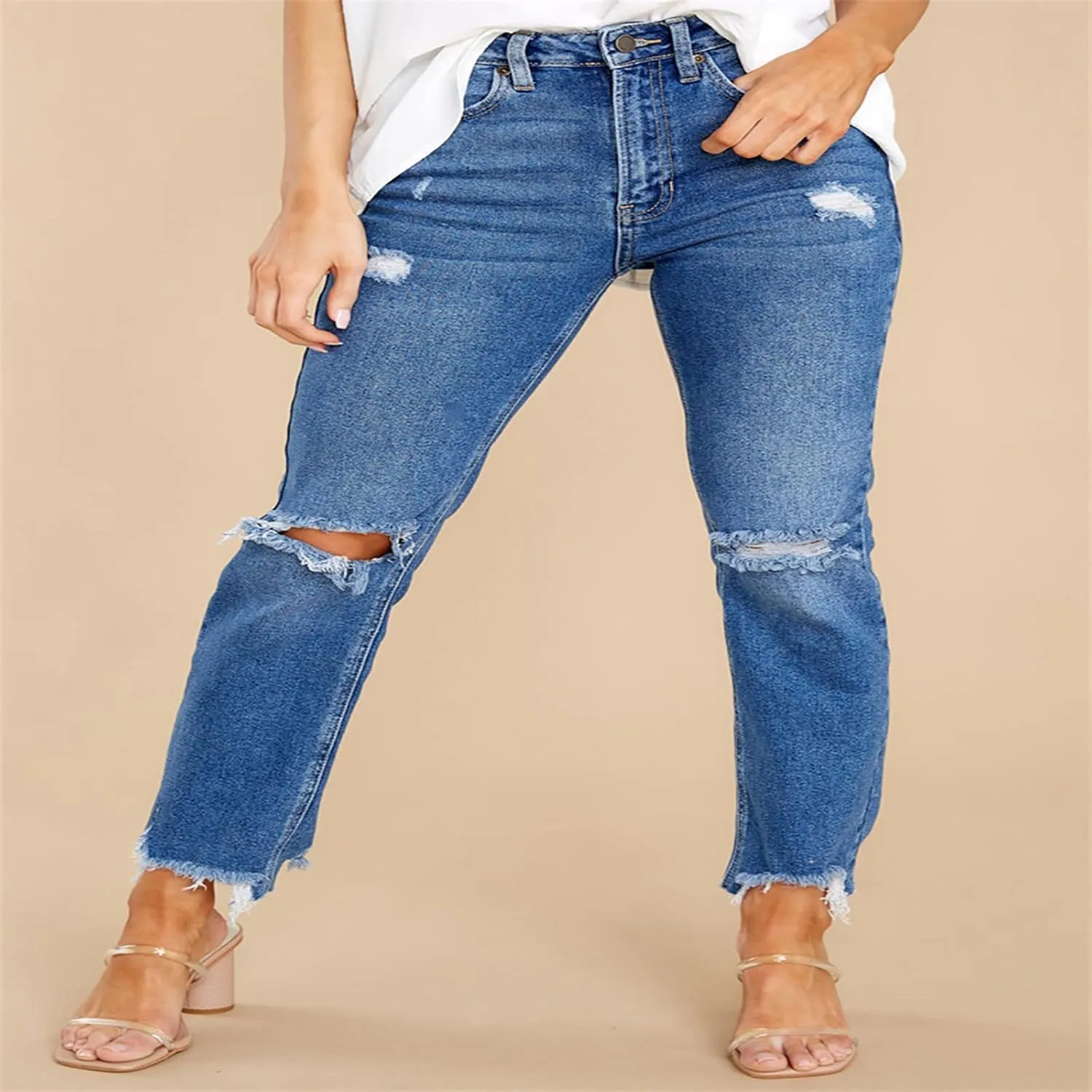 Jeans for Women Retro Low Waist Ripped Ankle Pants Distressed Flap Hem Denim Pants Fashion Stretch Skinny Jeans