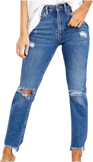 Jeans for Women Retro Low Waist Ripped Ankle Pants Distressed Flap Hem Denim Pants Fashion Stretch Skinny Jeans