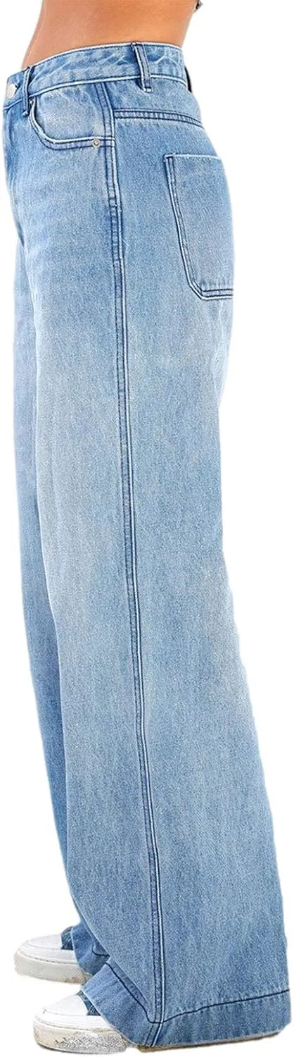 Karwuiio Baggy Jeans for Woman Y2k Wide Leg Low Rise Denim Jeans Casual Straight Leg Loose Jeans Trousers
