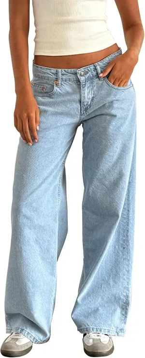 Karwuiio Baggy Jeans for Woman Y2k Wide Leg Low Rise Denim Jeans Casual Straight Leg Loose Jeans Trousers