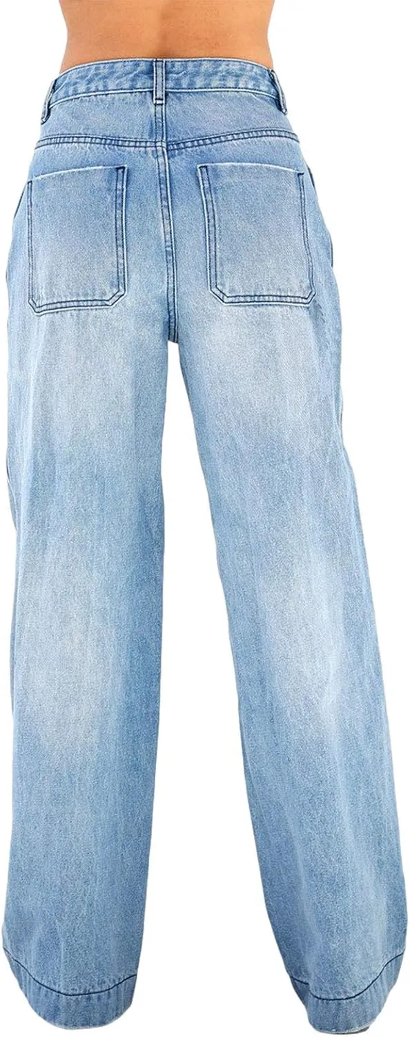 Karwuiio Baggy Jeans for Woman Y2k Wide Leg Low Rise Denim Jeans Casual Straight Leg Loose Jeans Trousers