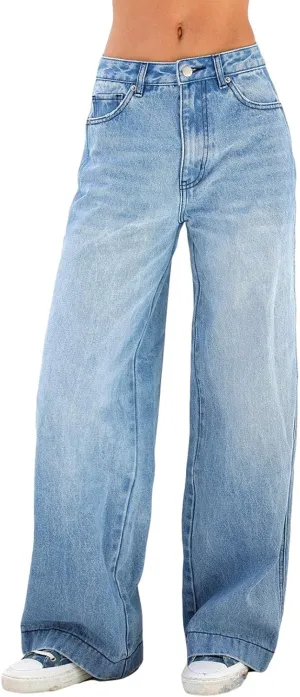 Karwuiio Baggy Jeans for Woman Y2k Wide Leg Low Rise Denim Jeans Casual Straight Leg Loose Jeans Trousers