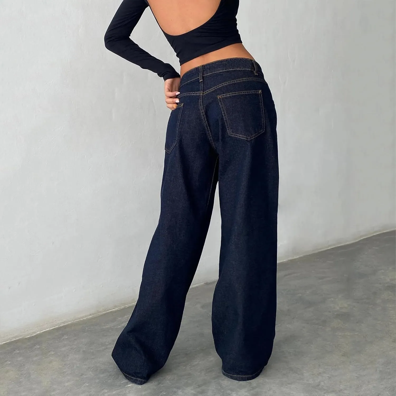 Karwuiio Baggy Jeans for Woman Y2k Wide Leg Low Rise Denim Jeans Casual Straight Leg Loose Jeans Trousers