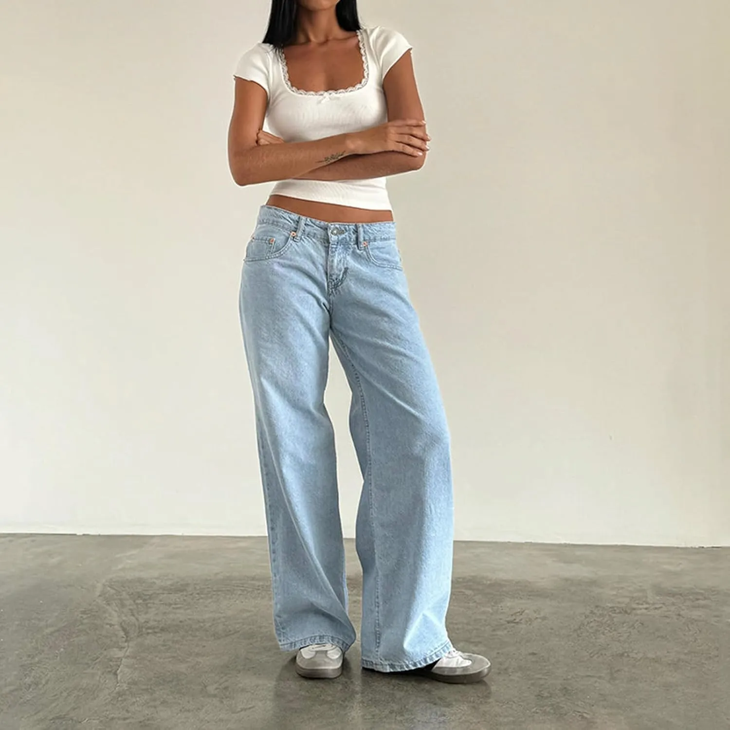 Karwuiio Baggy Jeans for Woman Y2k Wide Leg Low Rise Denim Jeans Casual Straight Leg Loose Jeans Trousers