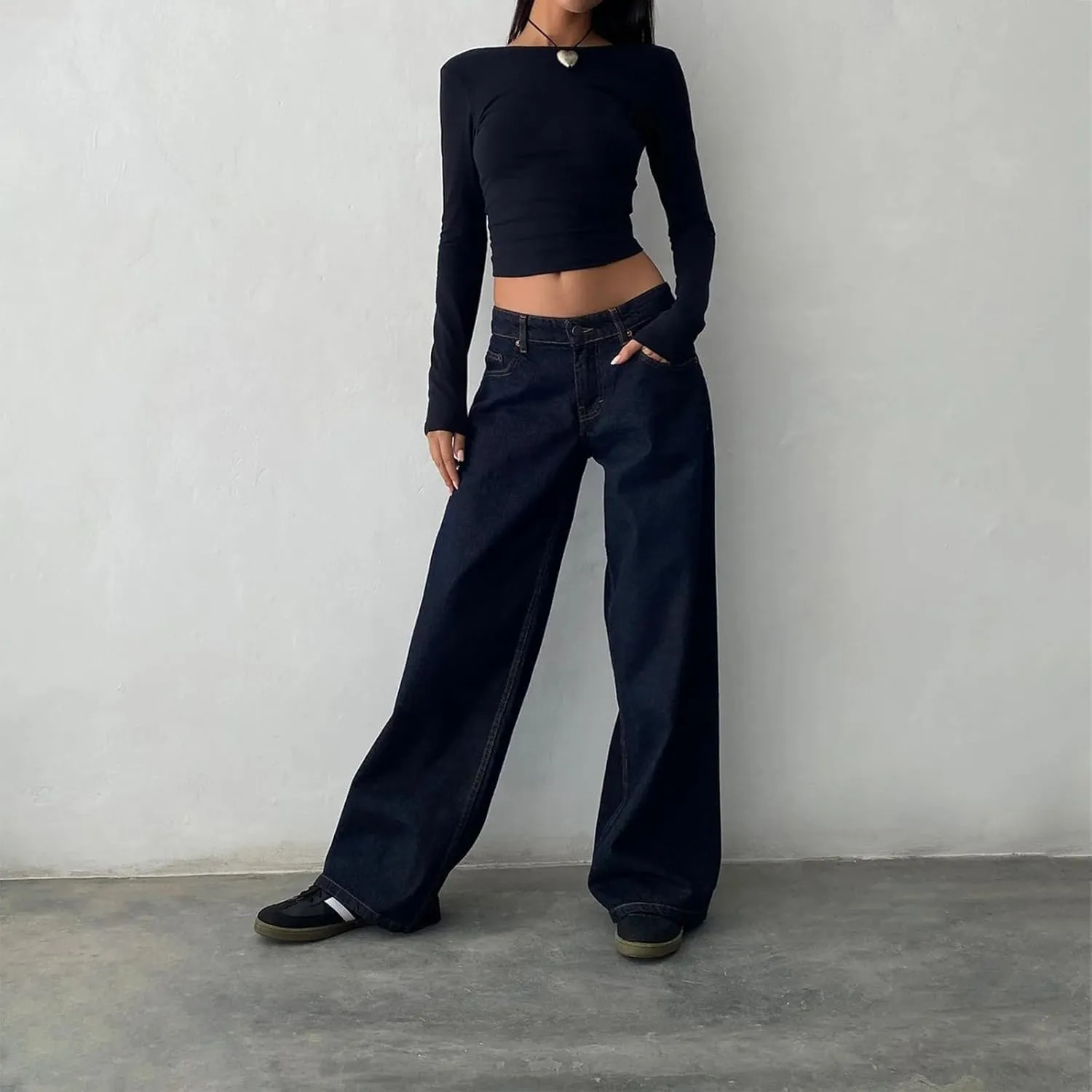 Karwuiio Baggy Jeans for Woman Y2k Wide Leg Low Rise Denim Jeans Casual Straight Leg Loose Jeans Trousers