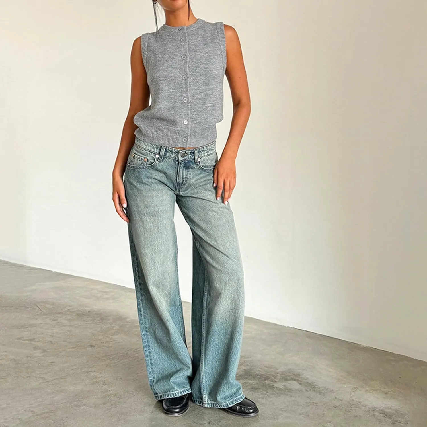 Karwuiio Baggy Jeans for Woman Y2k Wide Leg Low Rise Denim Jeans Casual Straight Leg Loose Jeans Trousers