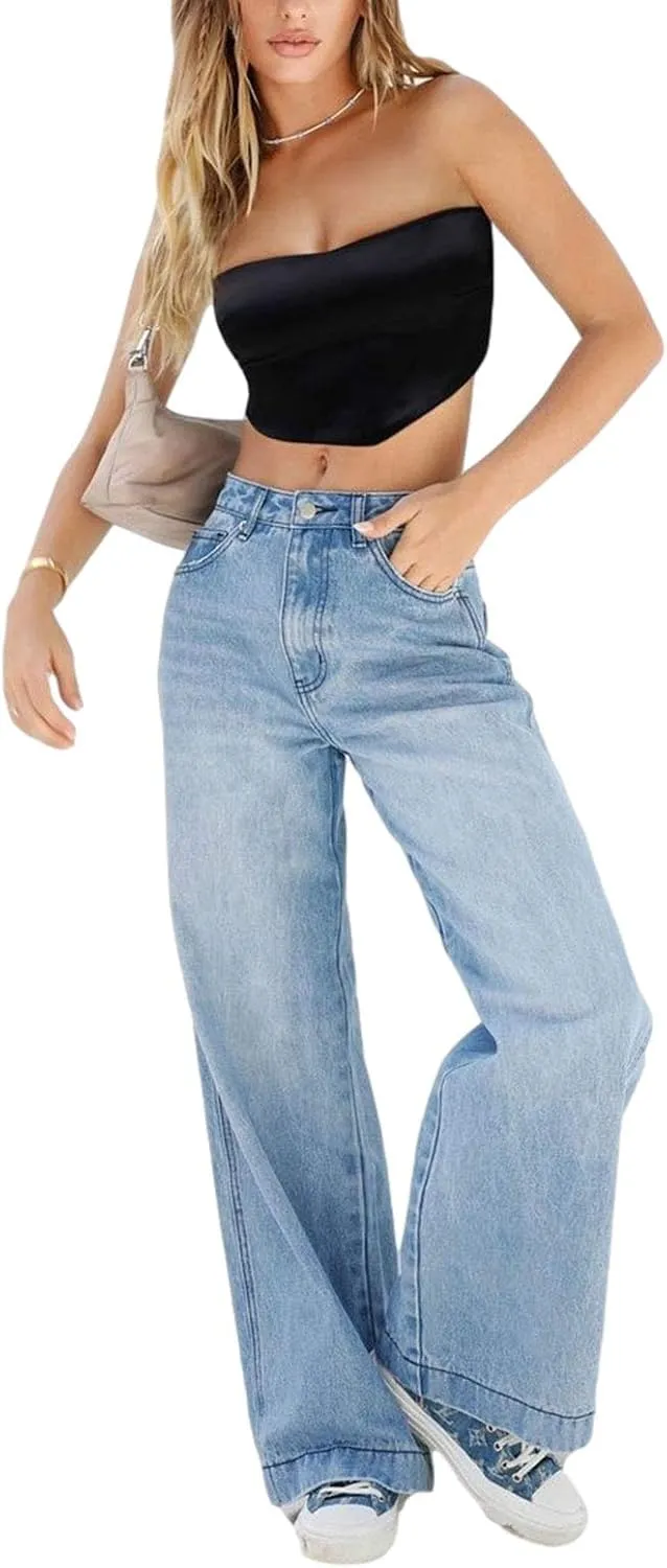Karwuiio Baggy Jeans for Woman Y2k Wide Leg Low Rise Denim Jeans Casual Straight Leg Loose Jeans Trousers