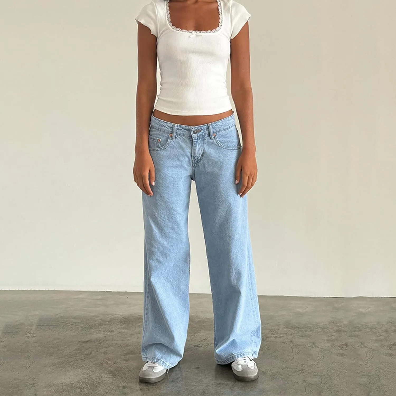 Karwuiio Baggy Jeans for Woman Y2k Wide Leg Low Rise Denim Jeans Casual Straight Leg Loose Jeans Trousers