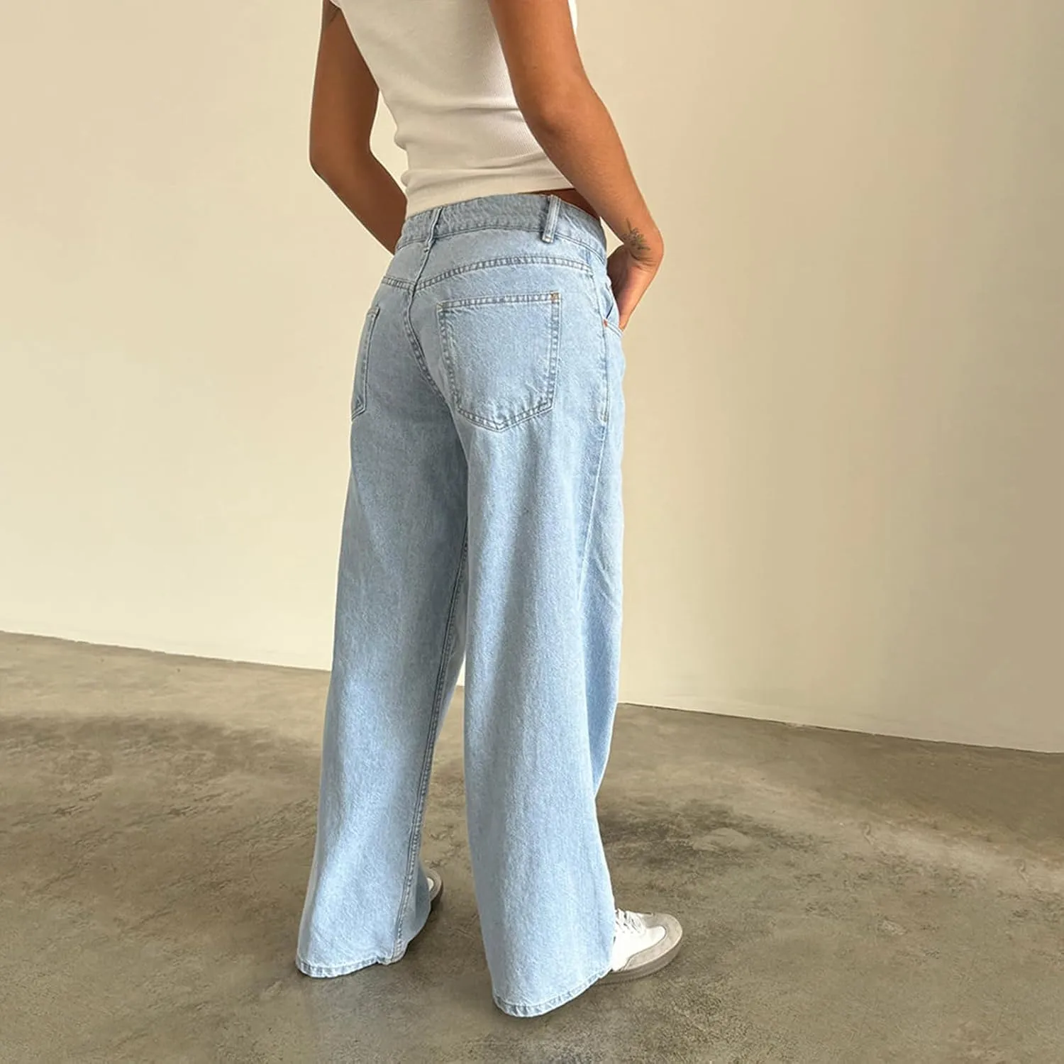 Karwuiio Baggy Jeans for Woman Y2k Wide Leg Low Rise Denim Jeans Casual Straight Leg Loose Jeans Trousers