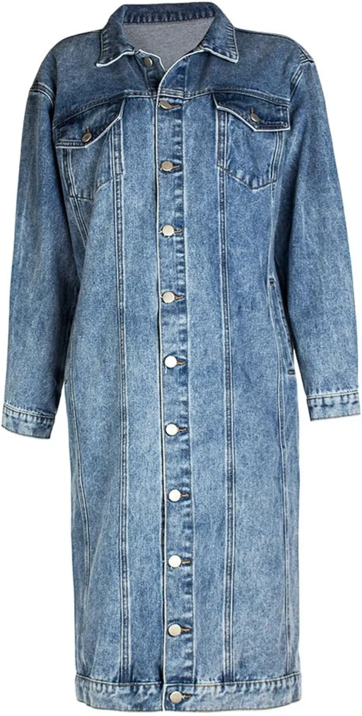 Long Denim Jackets for Women 2023 Fashion Maxi Denim Coats Loose Casual Washed Button Down Jean Jacket Trench Coat