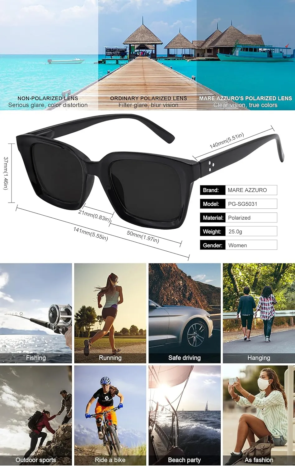 MARE AZZURO Oversized Polarized Sunglasses Women Men Driving Fishing Sports Sun Glasses UV400 Protection Party Beach Sunnies