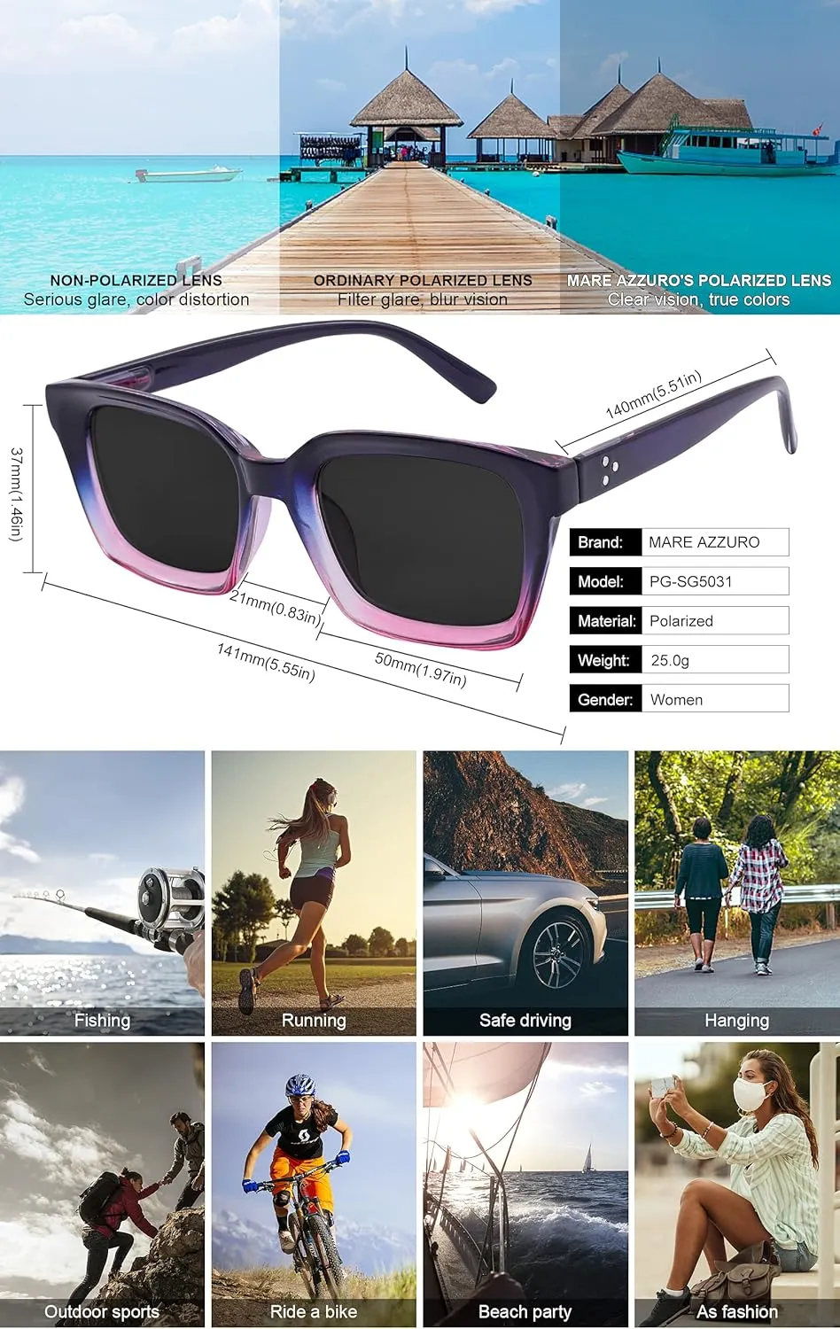 MARE AZZURO Oversized Polarized Sunglasses Women Men Driving Fishing Sports Sun Glasses UV400 Protection Party Beach Sunnies