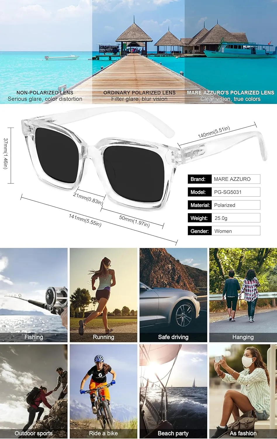 MARE AZZURO Oversized Polarized Sunglasses Women Men Driving Fishing Sports Sun Glasses UV400 Protection Party Beach Sunnies