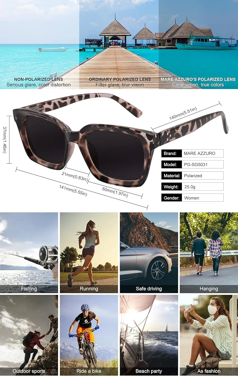 MARE AZZURO Oversized Polarized Sunglasses Women Men Driving Fishing Sports Sun Glasses UV400 Protection Party Beach Sunnies