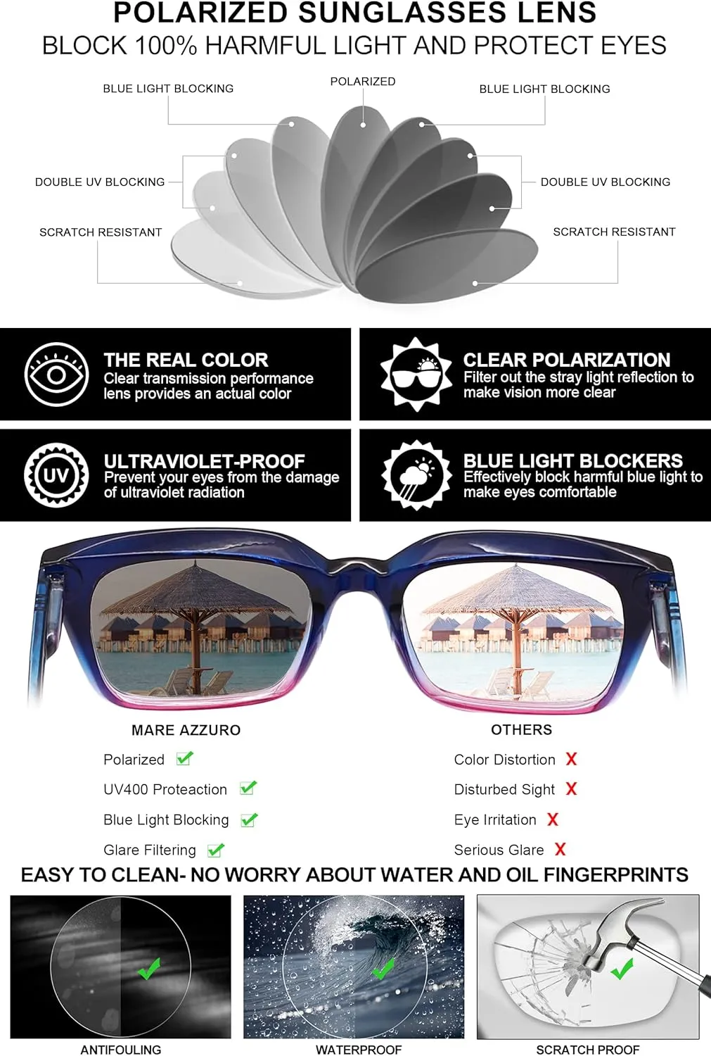 MARE AZZURO Oversized Polarized Sunglasses Women Men Driving Fishing Sports Sun Glasses UV400 Protection Party Beach Sunnies