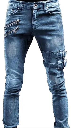 Men Slim Zipper Denim Jeans Pants Pure Colour Jean with Zipper Pockets Jean Trouser Solid Fashion Straight Leg Jeans