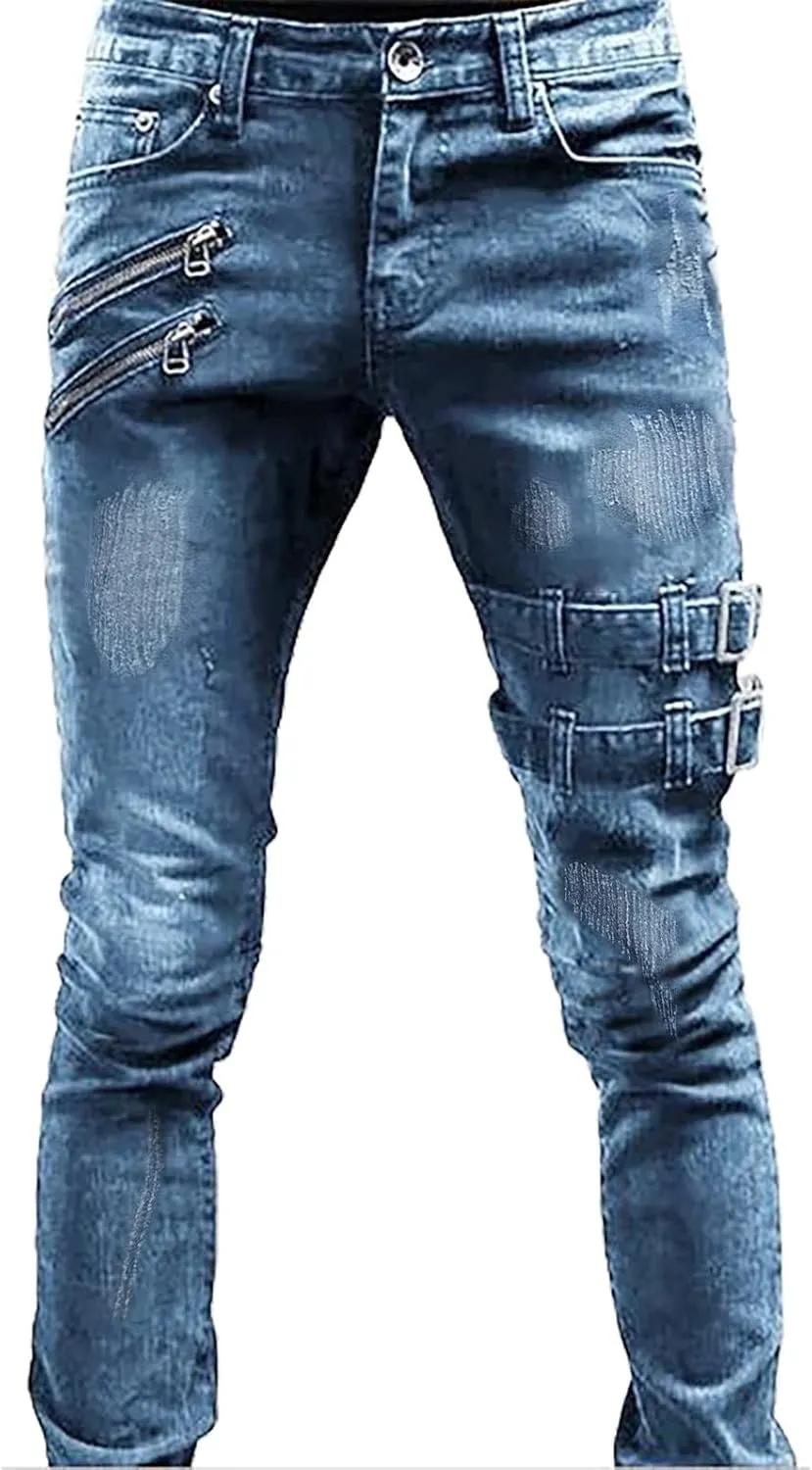 Men Slim Zipper Denim Jeans Pants Pure Colour Jean with Zipper Pockets Jean Trouser Solid Fashion Straight Leg Jeans