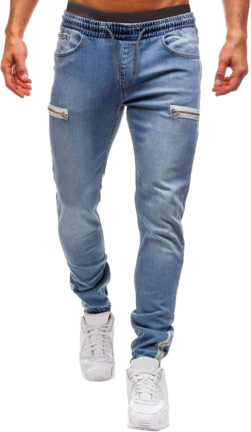 Men Slim Zipper Denim Jeans Pants Pure Colour Jean with Zipper Pockets Jean Trouser Solid Fashion Straight Leg Jeans