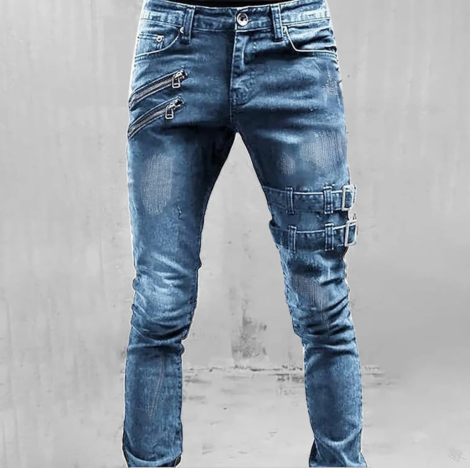 Men Slim Zipper Denim Jeans Pants Pure Colour Jean with Zipper Pockets Jean Trouser Solid Fashion Straight Leg Jeans