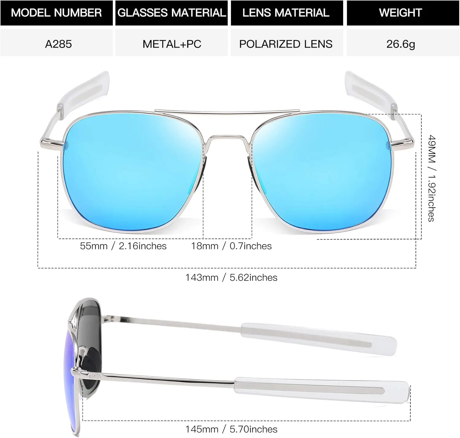 Men's Aviator Sunglasses American Army Military Pilot Polarized Sunglasses Bayonet Temples