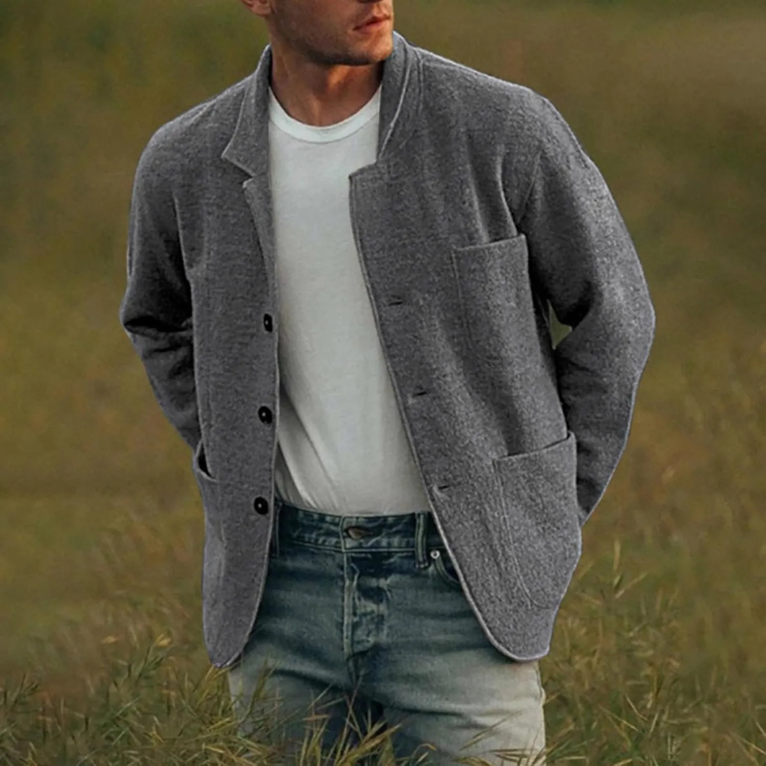 Mens Casual Open Front Cardigan Sweaters Lapel Collar Button Closure Solid Color Long Sleeve Cotton Knit Blazer Jackets