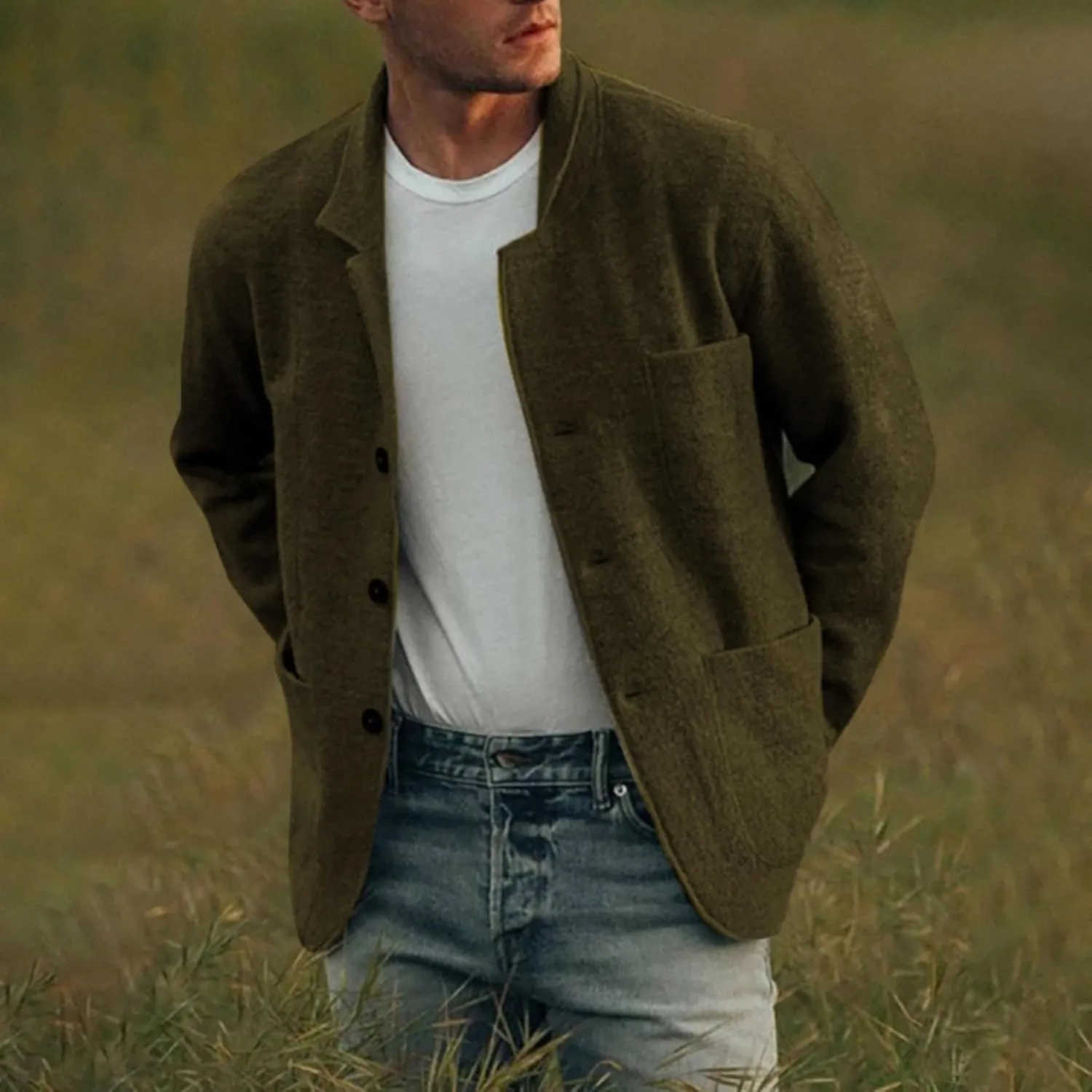Mens Casual Open Front Cardigan Sweaters Lapel Collar Button Closure Solid Color Long Sleeve Cotton Knit Blazer Jackets