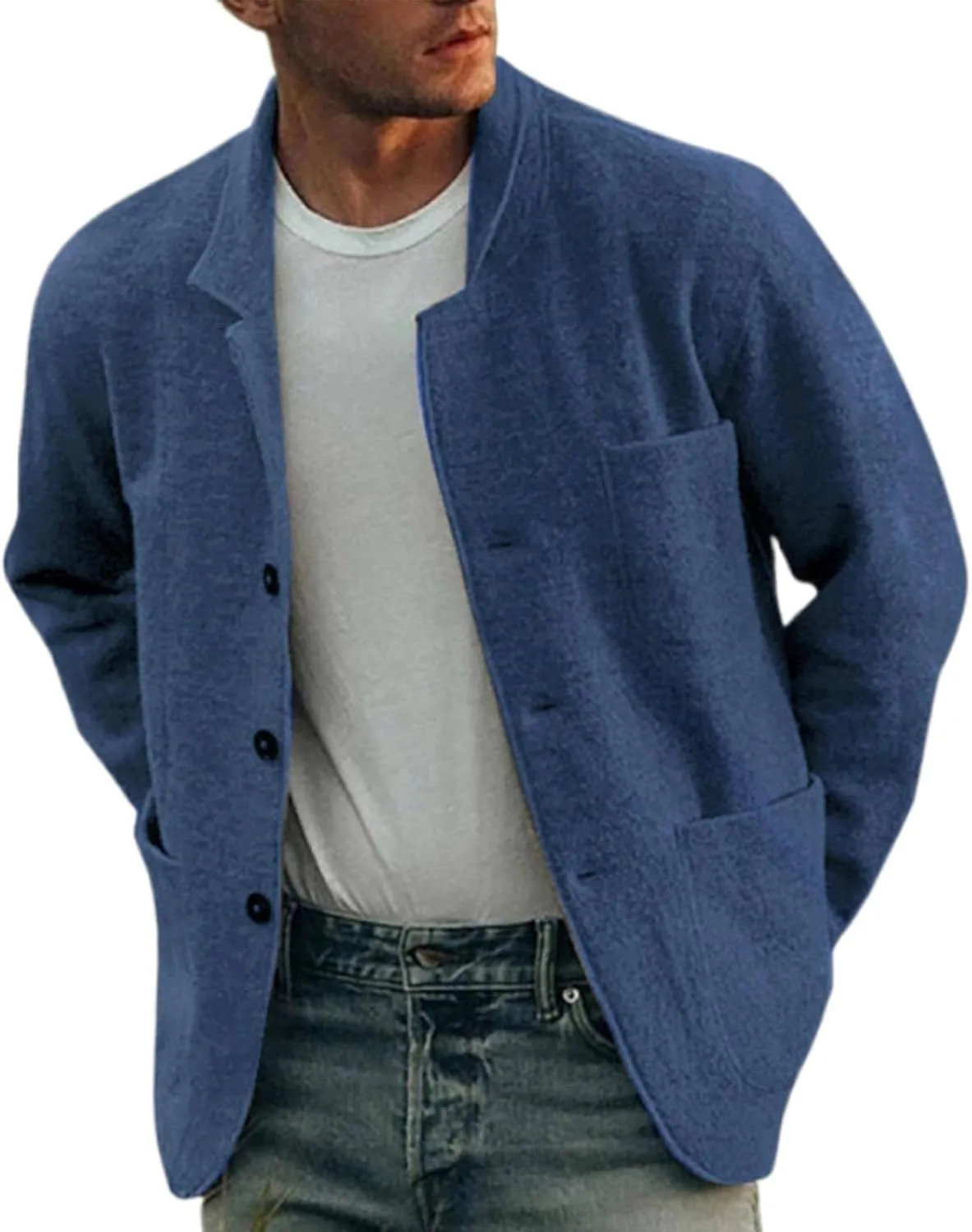 Mens Casual Open Front Cardigan Sweaters Lapel Collar Button Closure Solid Color Long Sleeve Cotton Knit Blazer Jackets