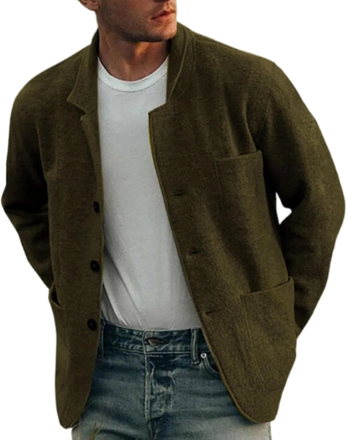 Mens Casual Open Front Cardigan Sweaters Lapel Collar Button Closure Solid Color Long Sleeve Cotton Knit Blazer Jackets