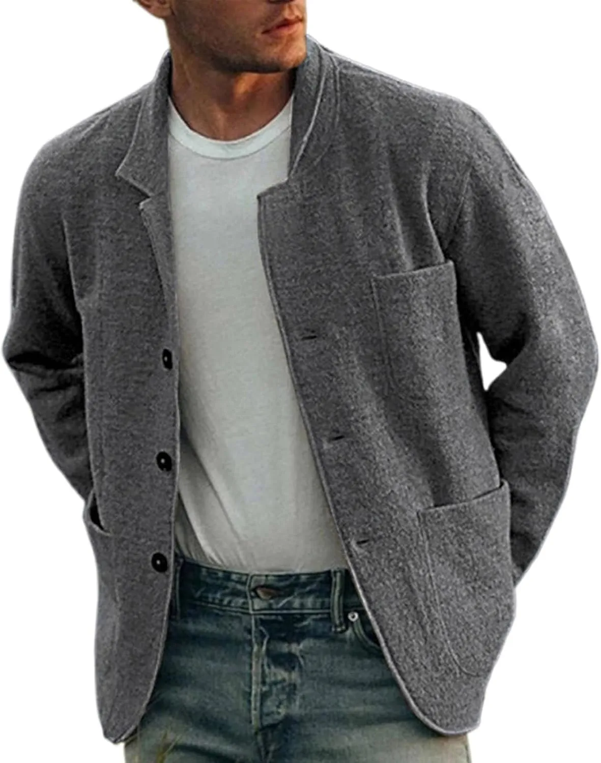 Mens Casual Open Front Cardigan Sweaters Lapel Collar Button Closure Solid Color Long Sleeve Cotton Knit Blazer Jackets