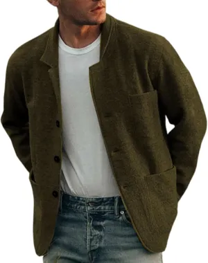 Mens Casual Open Front Cardigan Sweaters Lapel Collar Button Closure Solid Color Long Sleeve Cotton Knit Blazer Jackets