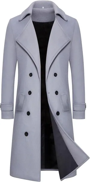 Men's Casual Slim Fit Long Jacket Trench Wool Blend Winter Overcoat with Pockets