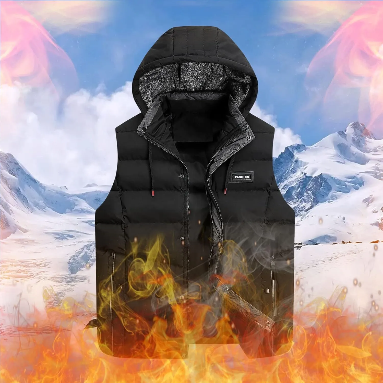 Men's Down Puffer Vest Jacket Removable Hood Fleece Lined Softshell Windproof Sleeveless Jacket Hiking Causal Vest